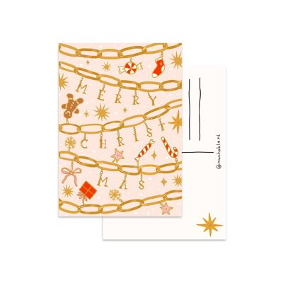 Kerstkaart/Christmascard - collana con ciondoli illustrati - tipografia Merry Christmas