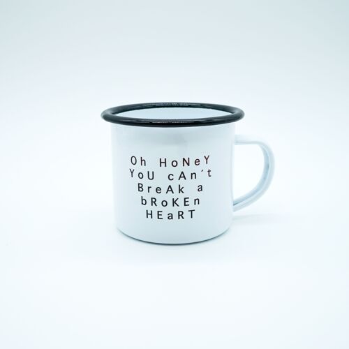 Emaille Tasse Trinkgefäß "OH HONEY" handbedruckt weiß schwarz 12oz