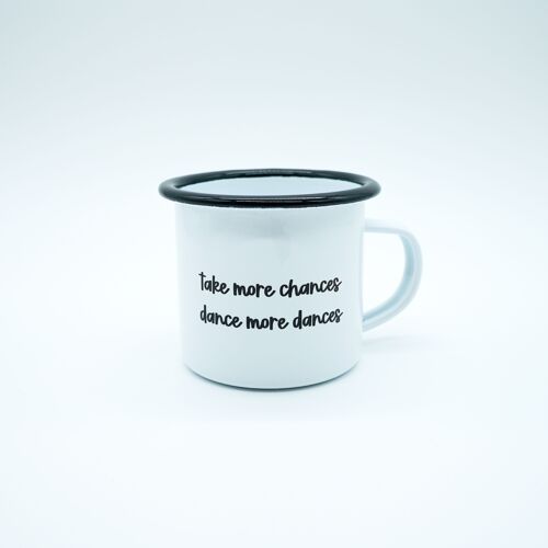 Emaille Tasse Trinkgefäß "dances" handbedruckt weiß schwarz 12oz