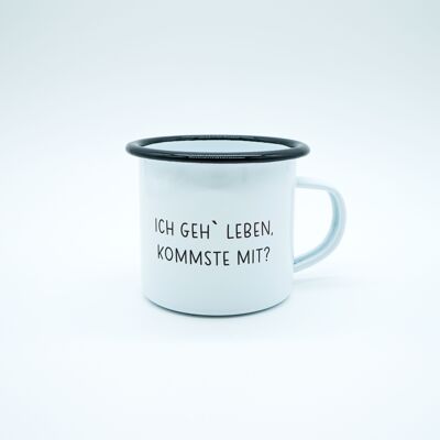 Bevitore a tazza smaltato "I GO LIVE. VIENI CON NOI?"stampato a mano bianco nero 12 once