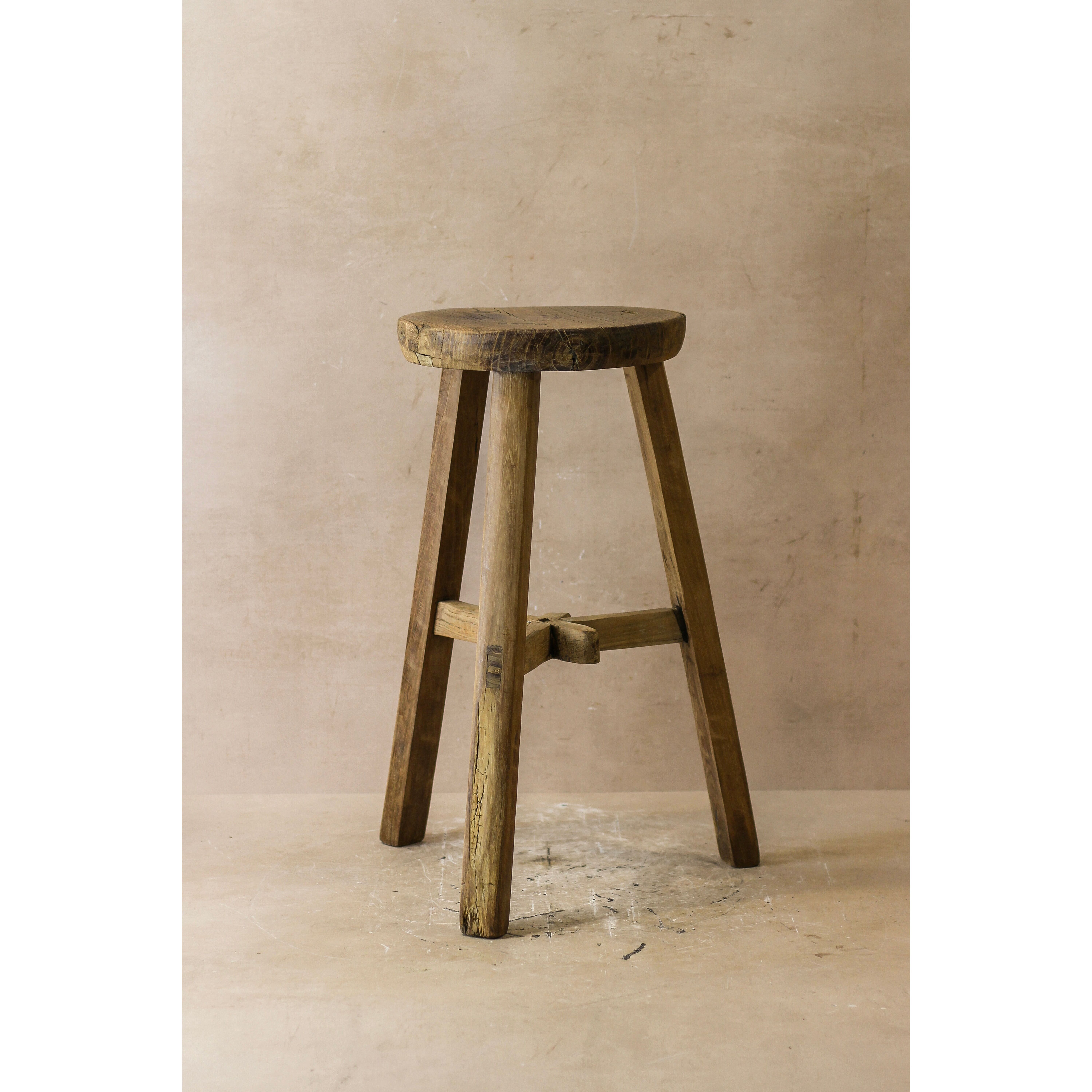 Tabouret rustique vintage en bois d'orme - Rond - N° 42