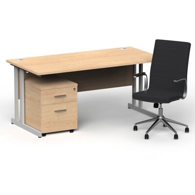 Scrivania da ufficio dritta Impulse 1600mm con piano in acero, gamba a sbalzo argentata, piedistallo mobile a 2 cassetti e Ezra Black
