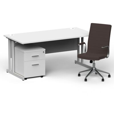 Scrivania da ufficio dritta Impulse 1600mm con piano bianco, gamba a sbalzo argentata, piedistallo mobile a 2 cassetti e Ezra Brown