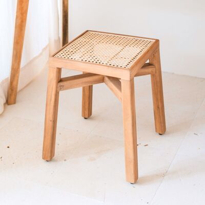 Tabouret en bois massif - Tabouret rectangulaire - Tabouret carré fait main en bois d'arbre à pluie avec siège en rotin SUBANG