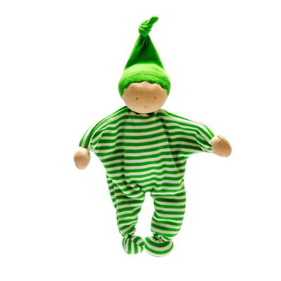 Trapunta per bebè in cotone biologico del commercio equo e solidale a strisce verde brillante con viso abbronzato