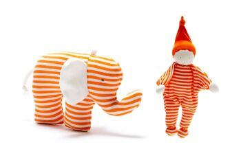 Doudou pour bébé en coton biologique équitable à rayures orange vif et face blanche 2