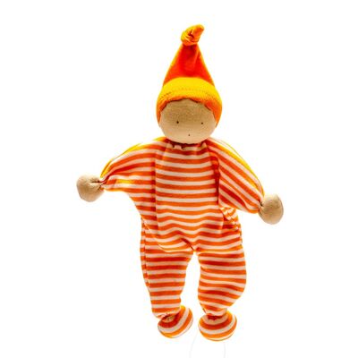 Babydecke aus fair gehandelter Bio-Baumwolle mit leuchtend orangen Streifen und hellbraunem Gesicht