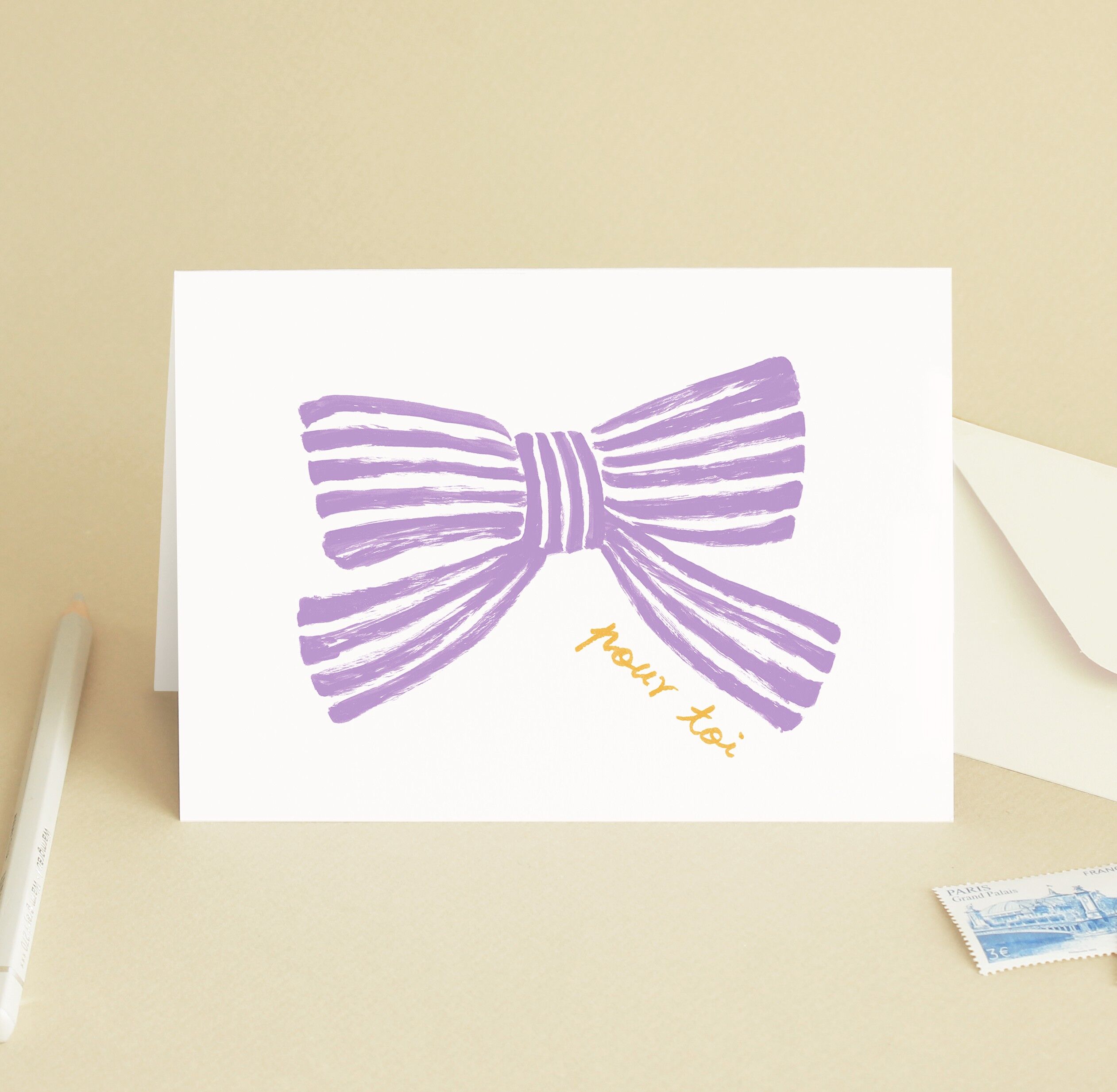 Biglietto "Per te" Nastro viola con fiocco a strisce - Compleanno / Regalo / Illustrazione pittura ad acquerello - Biglietto d'auguri