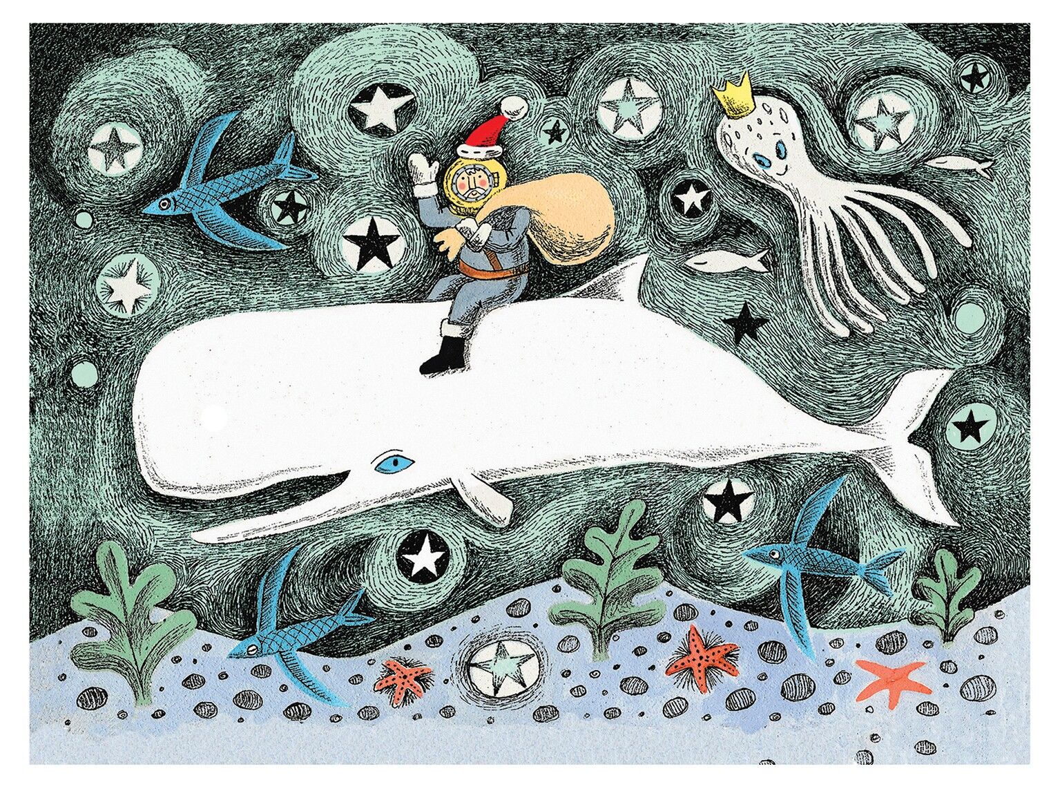 Cartolina di Natale di Babbo Natale sottomarino