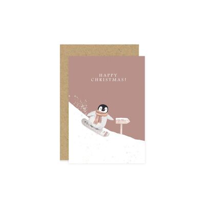 Tarjetas navideñas de pingüinos haciendo snowboard | Tarjetas navideñas