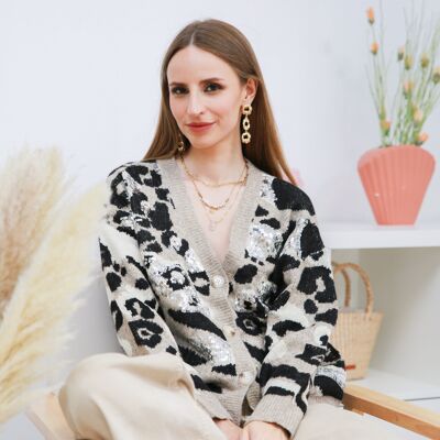 Cardigan in maglia leopardata con strass - 5389