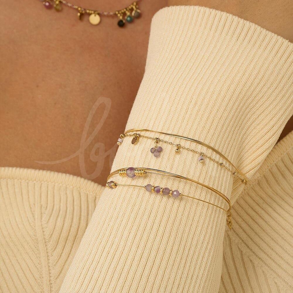 Bracciale Sara - 2 file, nappine in acciaio inossidabile e pietre naturali