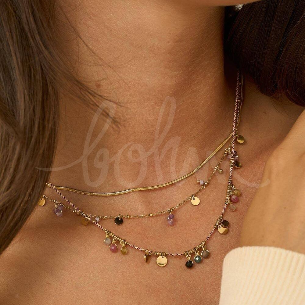 Collana Sara - 2 fili, nappine in acciaio inossidabile e pietre naturali