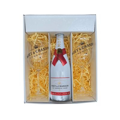 Scatola Bianca: Moët & Chandon Ice – Champagne – Demi sec Rosé e 2 Flute Acrilici Moët & Chandon – (1x75cl)