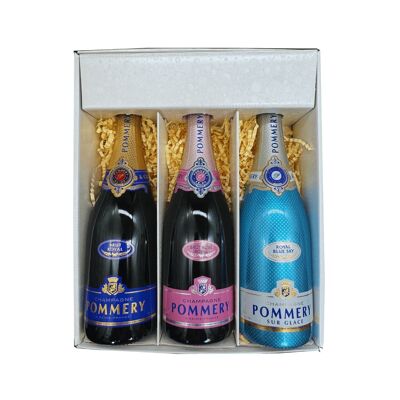 Scatola bianca: Pommery – Champagne – 1 Brut – 1 Blue Sky – 1 Rosé (3x75cl)
