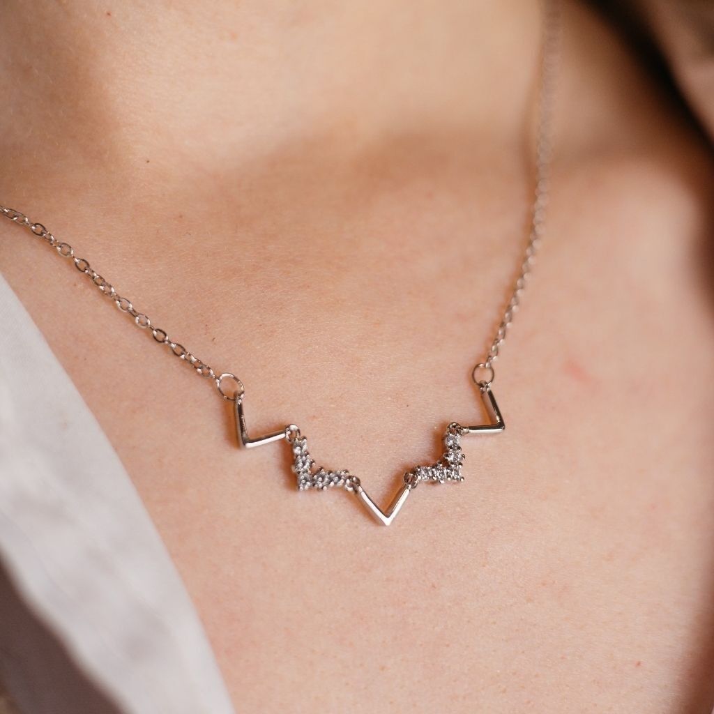 Sterling Silver Zig zag Geometric Romantic Zircon Choker Necklace