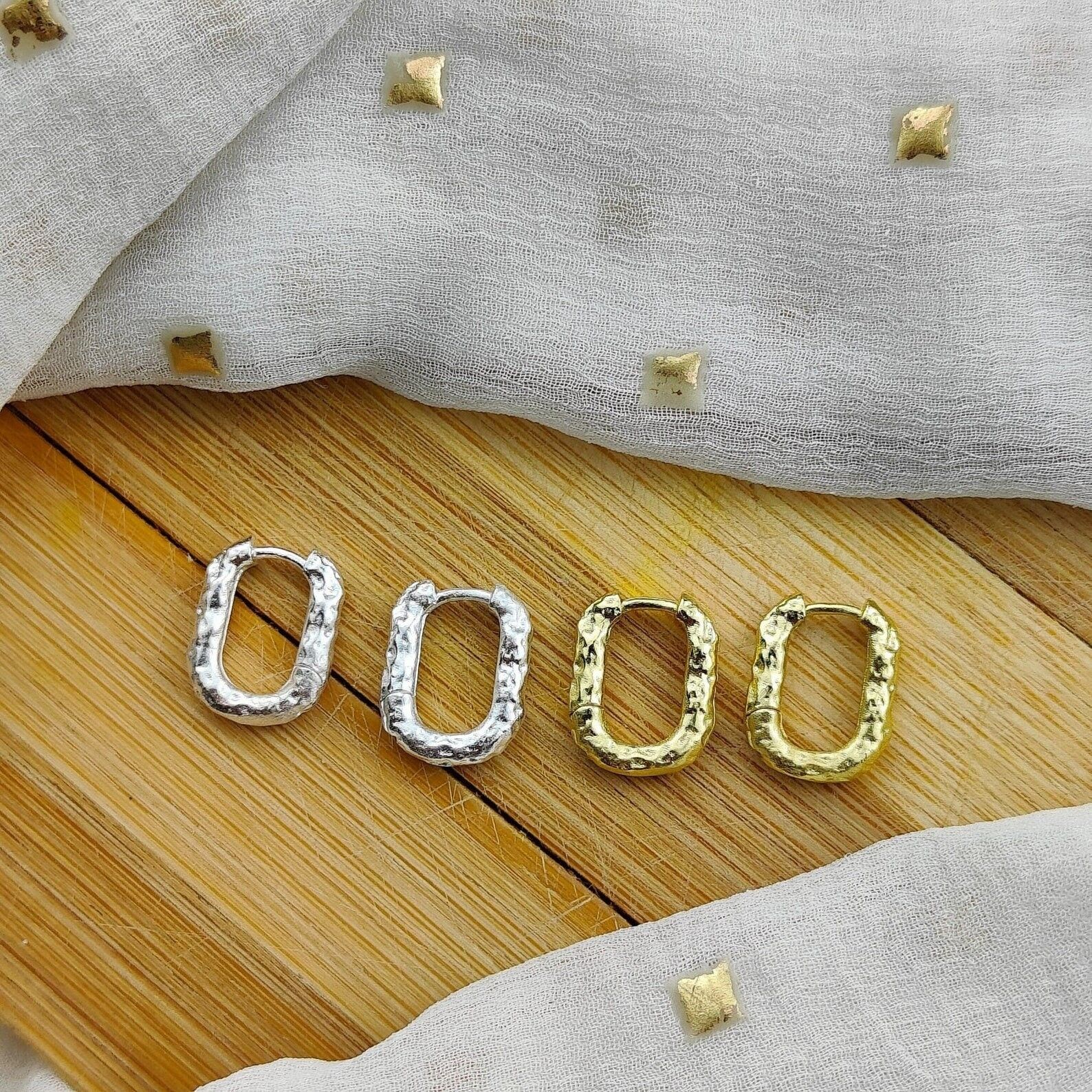 Sterling Silver U Shape Rectangle Square hammered Foil Hoop Huggies Earrings