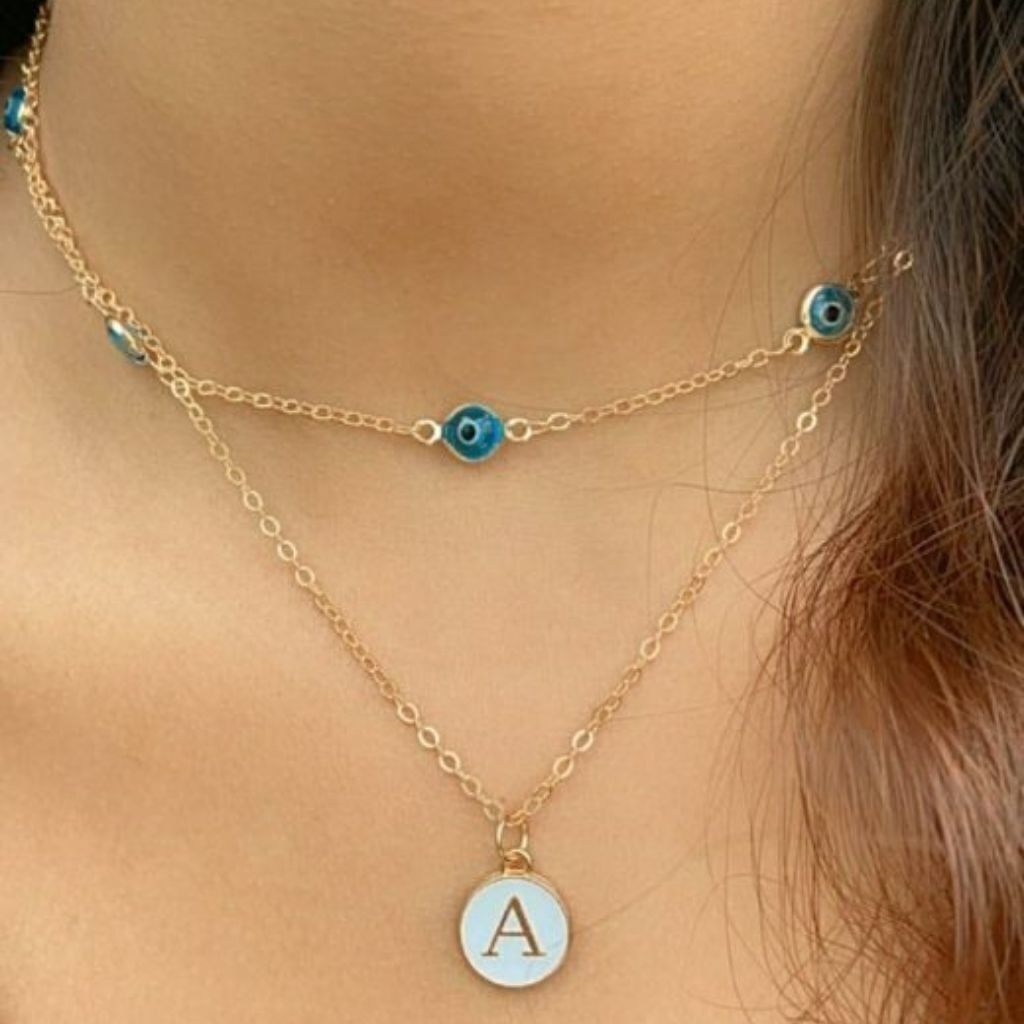 Collana personalizzata a due strati con malocchio, collana girocollo boho turca iniziale