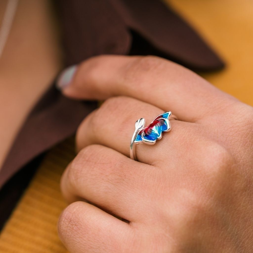 Anello da donna in argento con loto blu rosso semplice regolabile