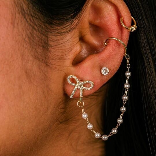 Pajarita larga, cadena colgante para oreja, borla, perla, trepador de oreja, puños envolventes