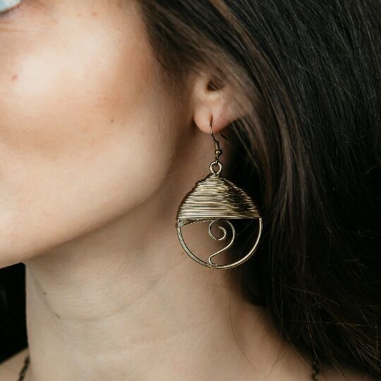 Brown Round Wire Wrapped Statement Vintage Dainty Round drop Corded Earrings