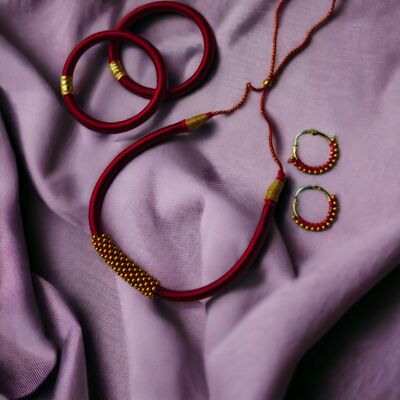 Red Silk Thread Handmade Adjustable Choker Bangle and Earring Set