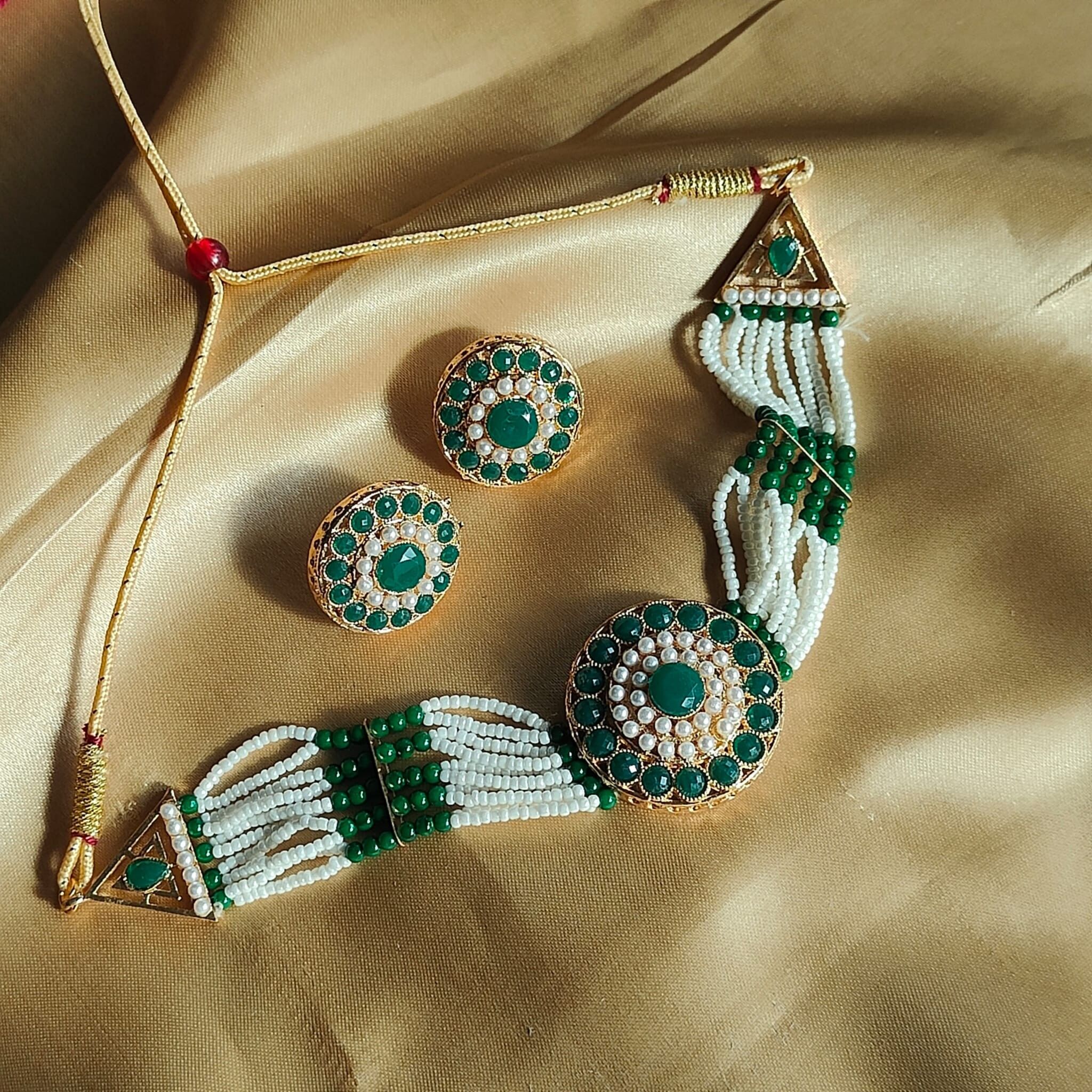 Multi-Strand Ethnic Pearl Green Stone Victorian Bridal Diana Set