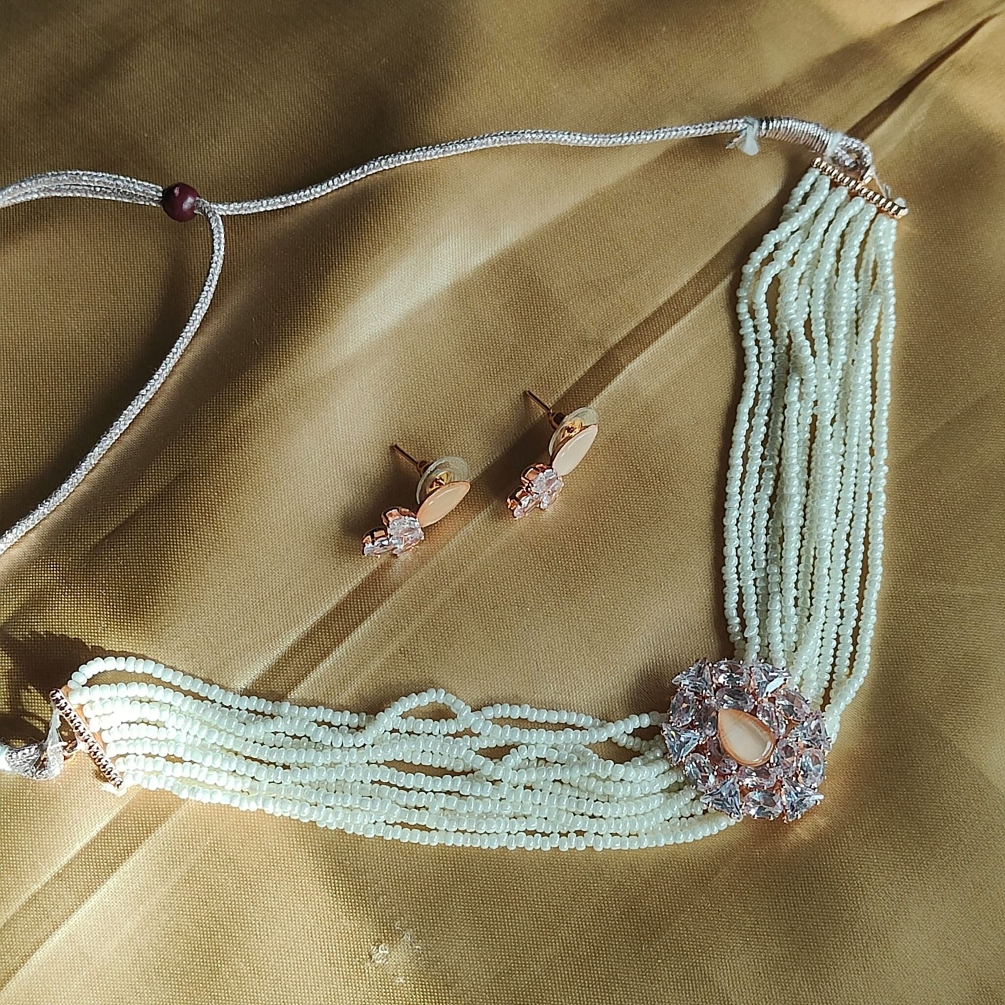 Multi Strand White Pearl Rose Gold Zircon Stone Victorian Choker set