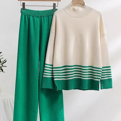Pantaloni casual lavorati a maglia a maniche lunghe, taglia unica, verdi e bianchi, coordinati da donna