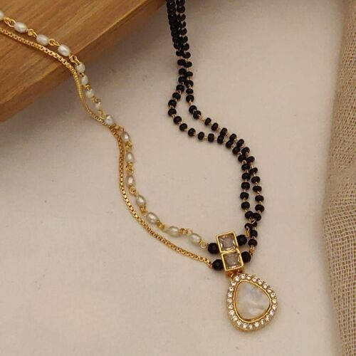 Two Layer Black White Pearl Zircon Tear Drop Mangalsutra Pendant