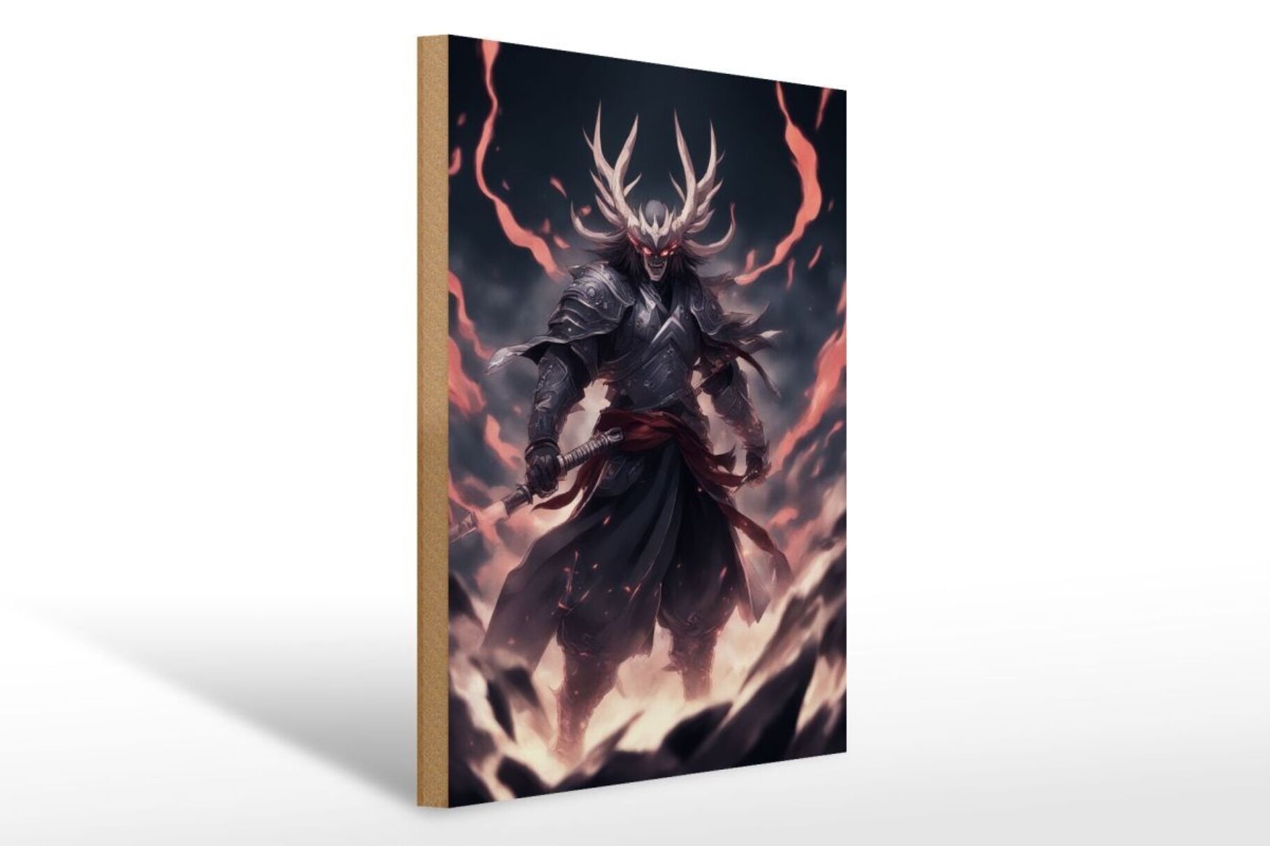 Holzschild 12x18cm Finsterer Krieger Samurai in Sakura