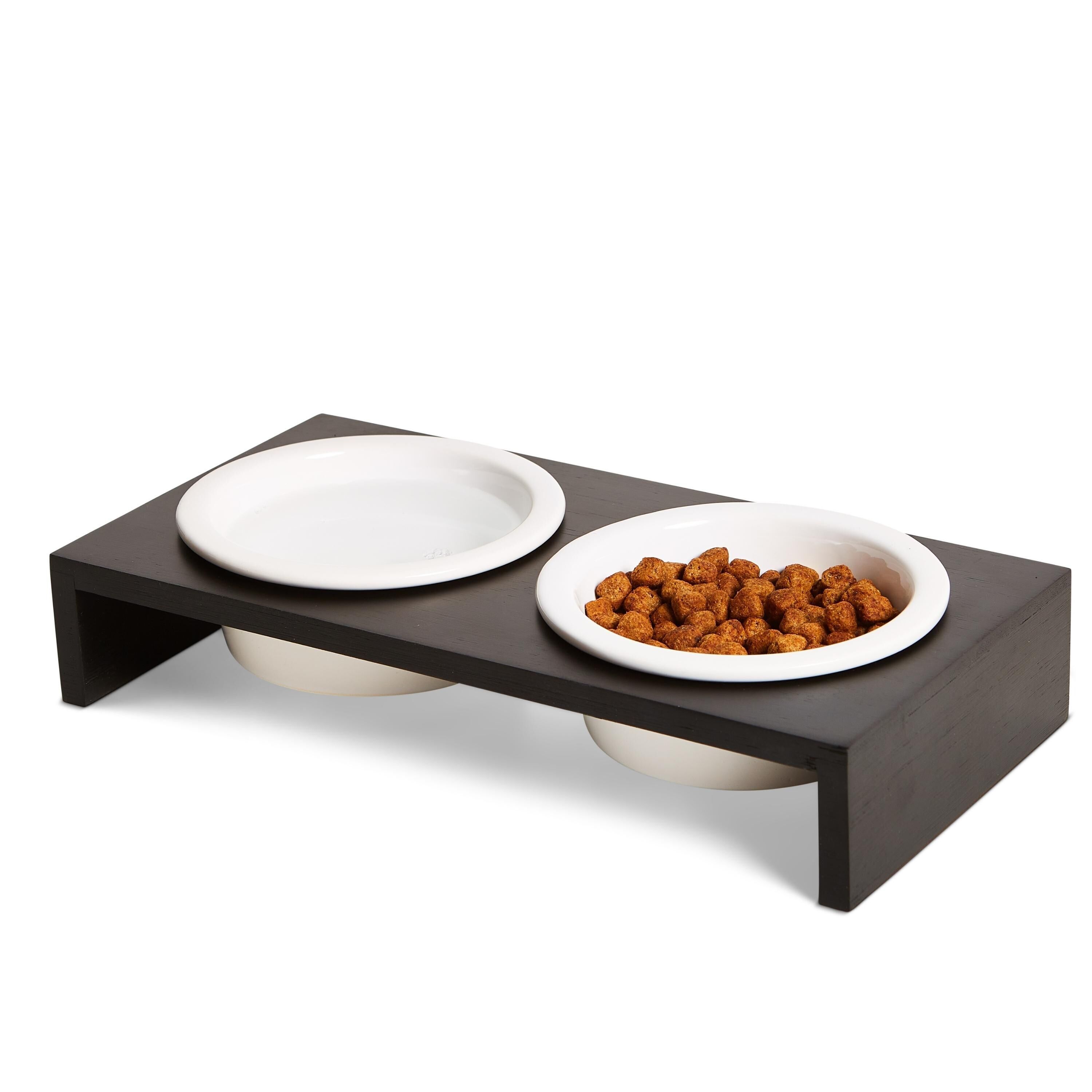 PETLINUS Doppelter erhöhter Futterspender für Katzen – erhöhter Futterspender für Katzen oder kleine Hunde, erhöhter Futterspender für Hunde mit Holzsockel und zwei Keramiknäpfen, Fassungsvermögen: 2 x 230 ml. - 29x15x5cm