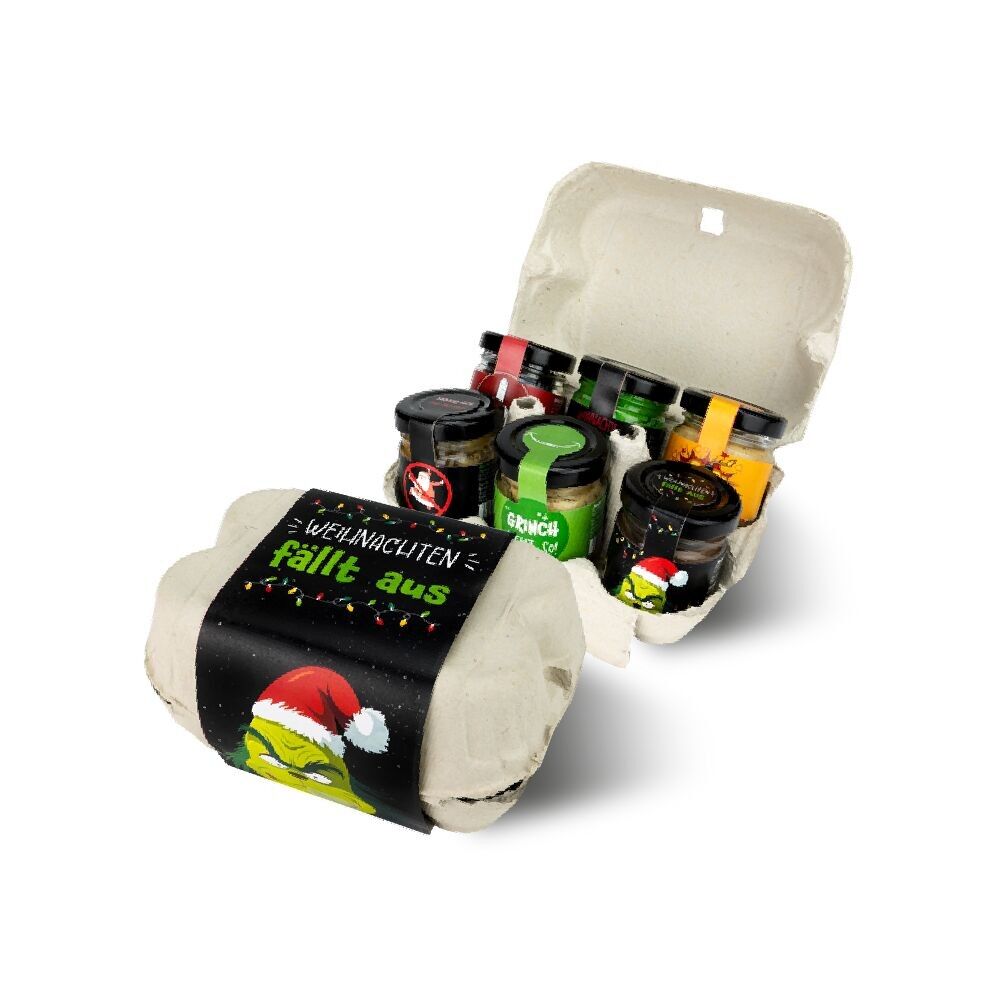 Set regalo "Non essere un Grinch!"“– Pacchetto anti-natalizio da 6 pezzi con senape, sale e punch all’uovo