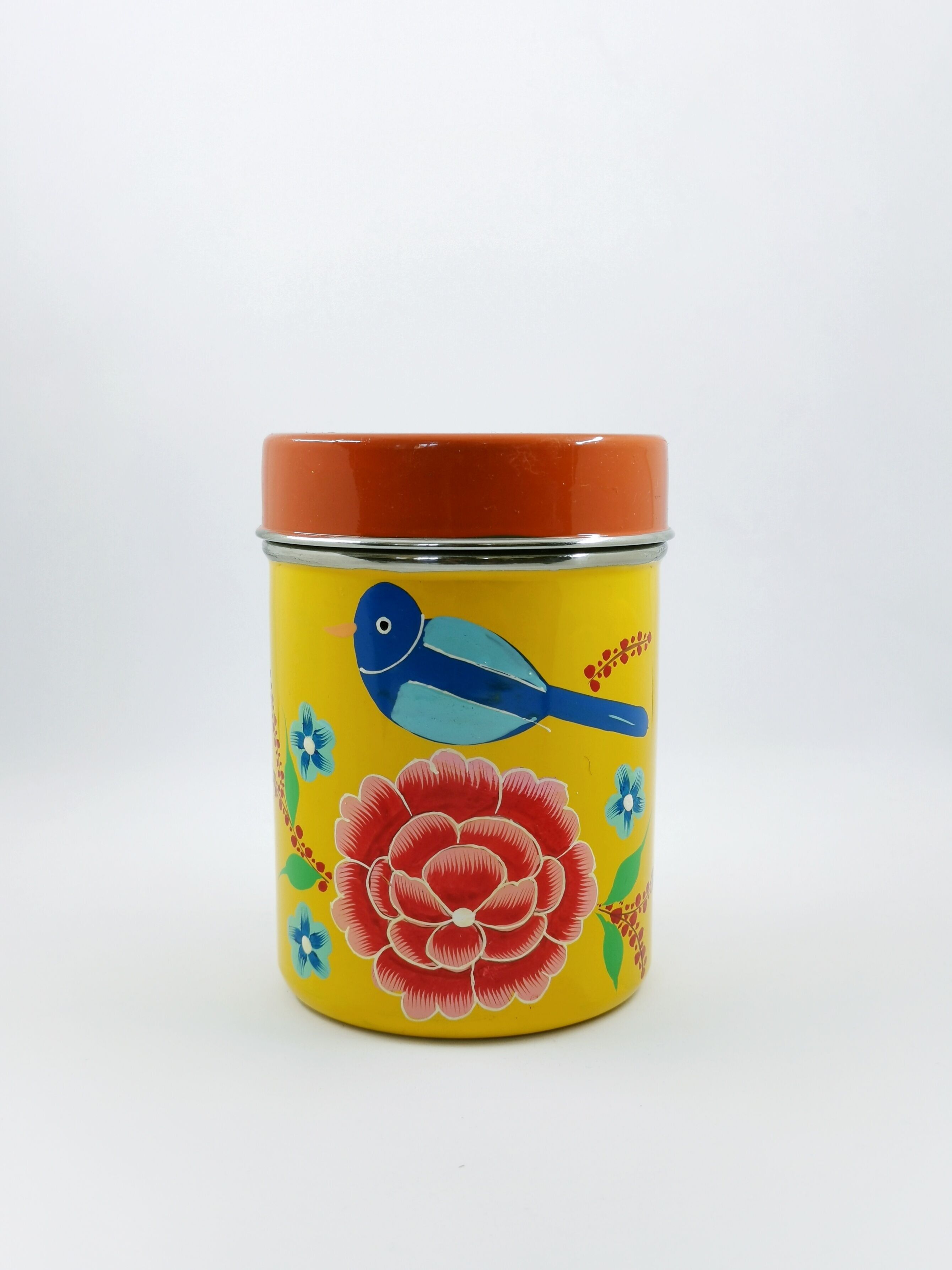 Scatola da tè indiana in smalto con motivo floreale giallo