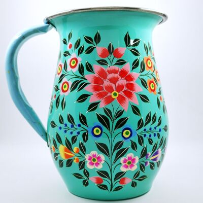 Carafe en émail indien motif fleurs bleu turquoise