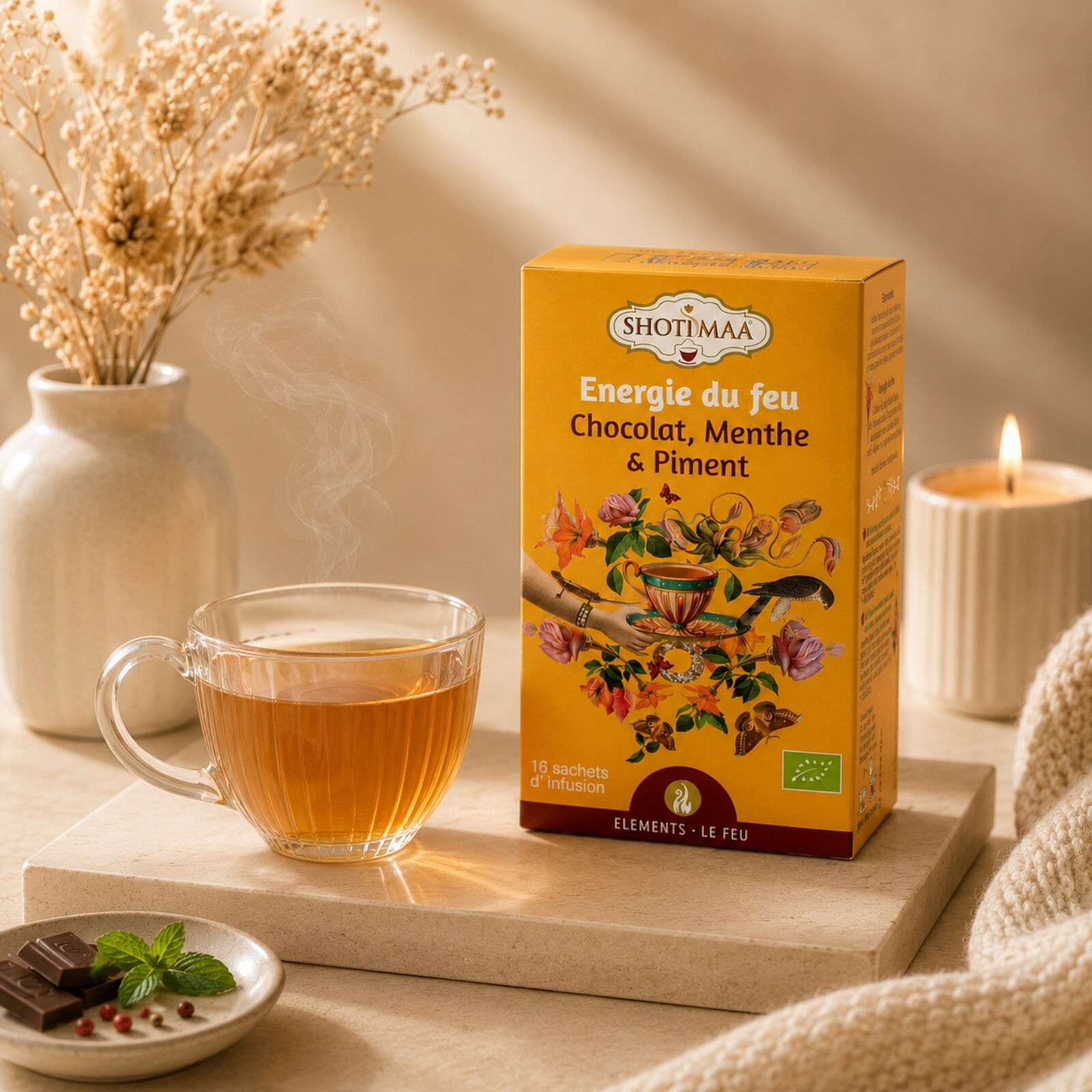 Organic Herbal Tea with Premium Ingredients – Well-Being Fire Energy Infusions for Balance and Vitality – Chocolate, Mint and Chilli