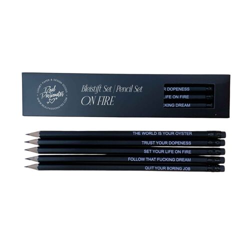Bleistift Set "ON FIRE", 5 Stück, Schwarz matt/Weiß