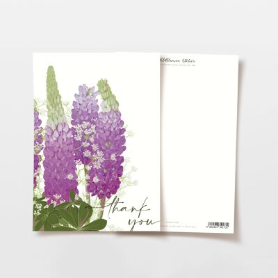 Postal flores violetas gracias, certificada FSC