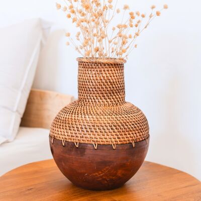 Vase en rotin - vase en bois - vase pour fleurs séchées - petit vase en rotin - Vase décoratif bohème en rotin tressé et bois (Ø 22 cm) KAMARI marron