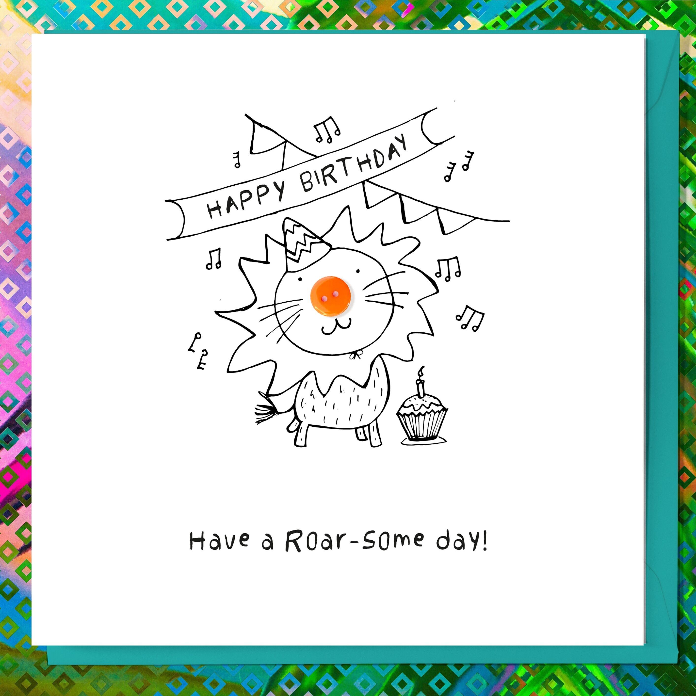 ROAHSOME BIRTHDAY LION CHILDRENS BIRTHDAY BUTTON CARD