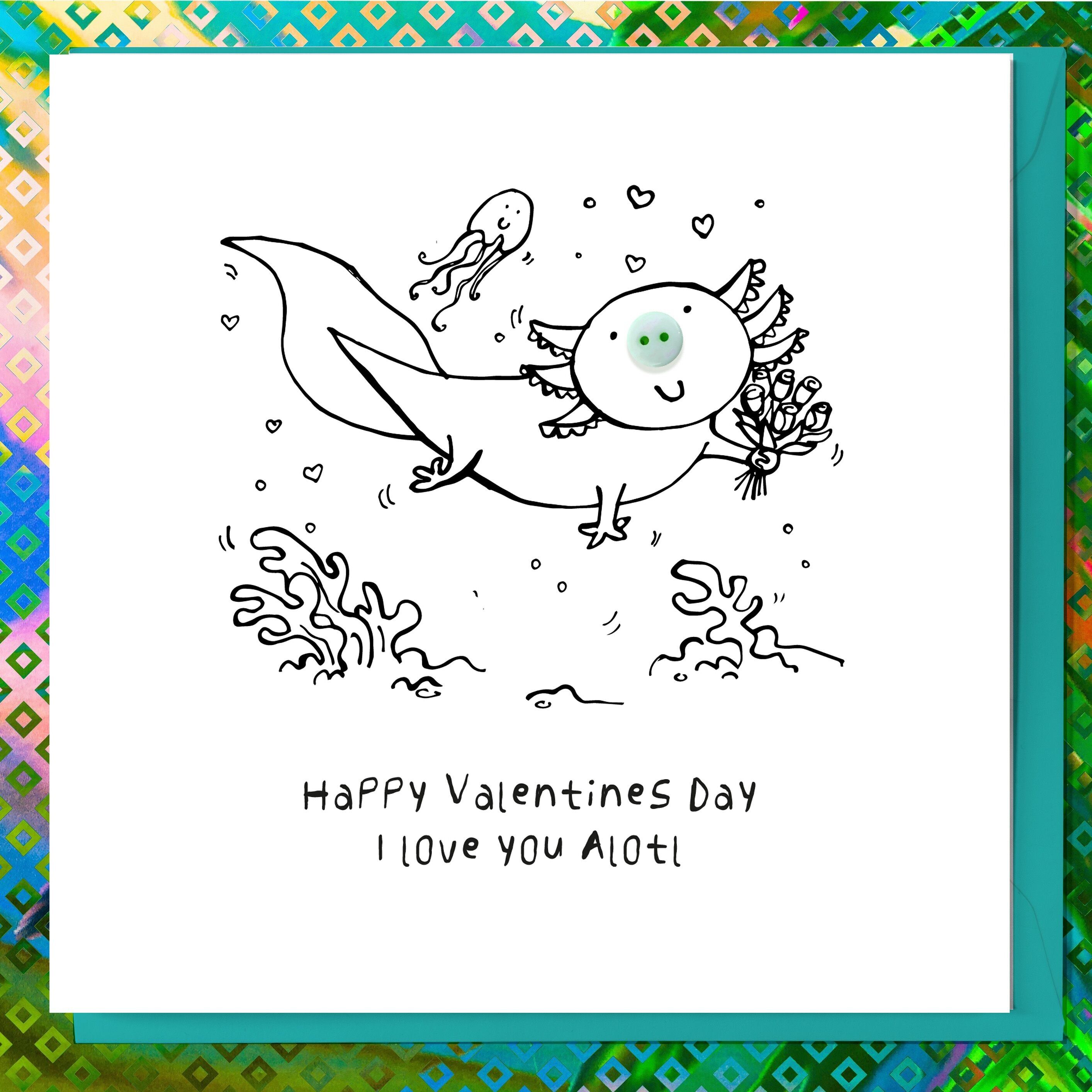 Ich liebe dich sehr, süße AXOLOTL-Buttonkarte zum Valentinstag