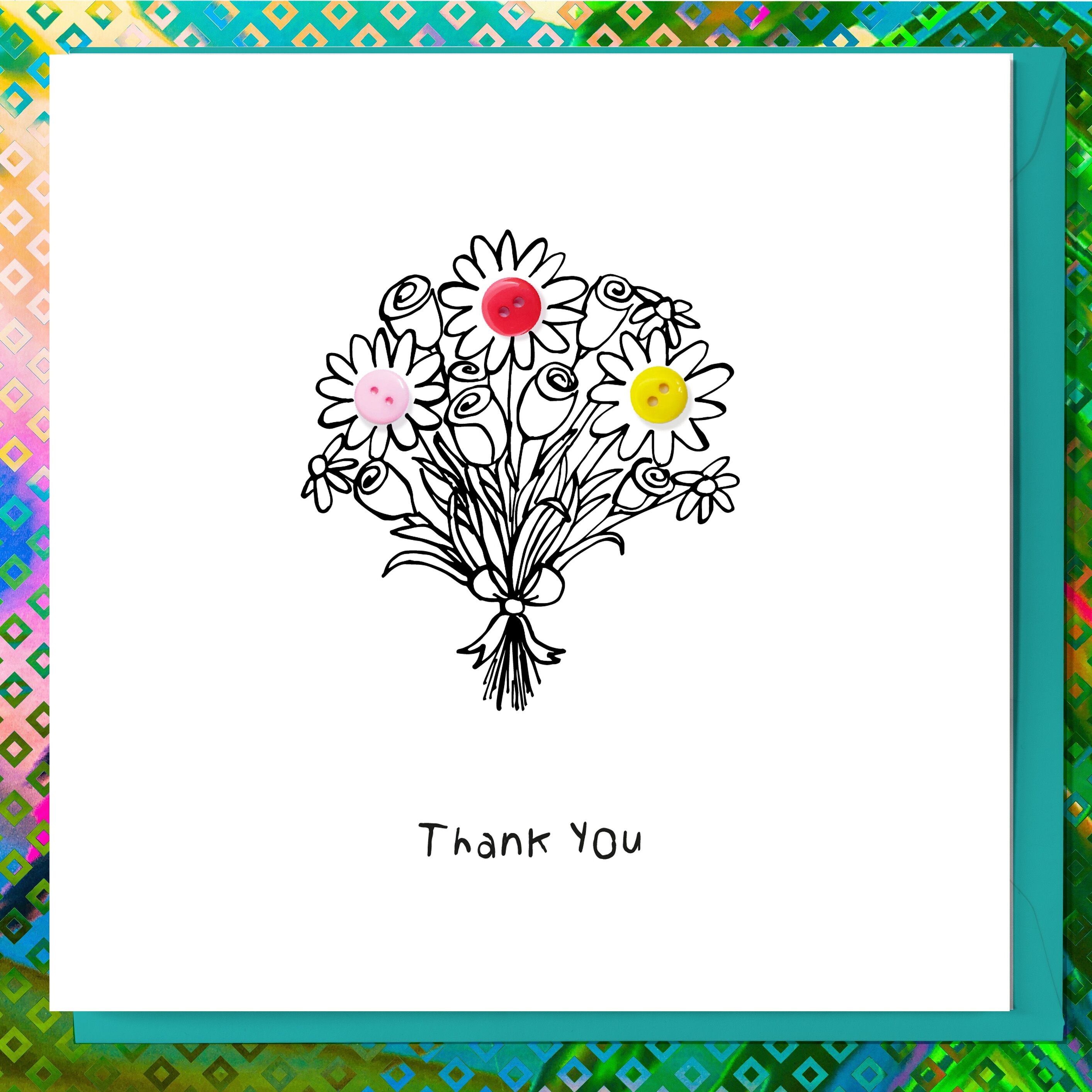 THANK YOU FLOWERS BUTTON NOVELTY CUTE CARD