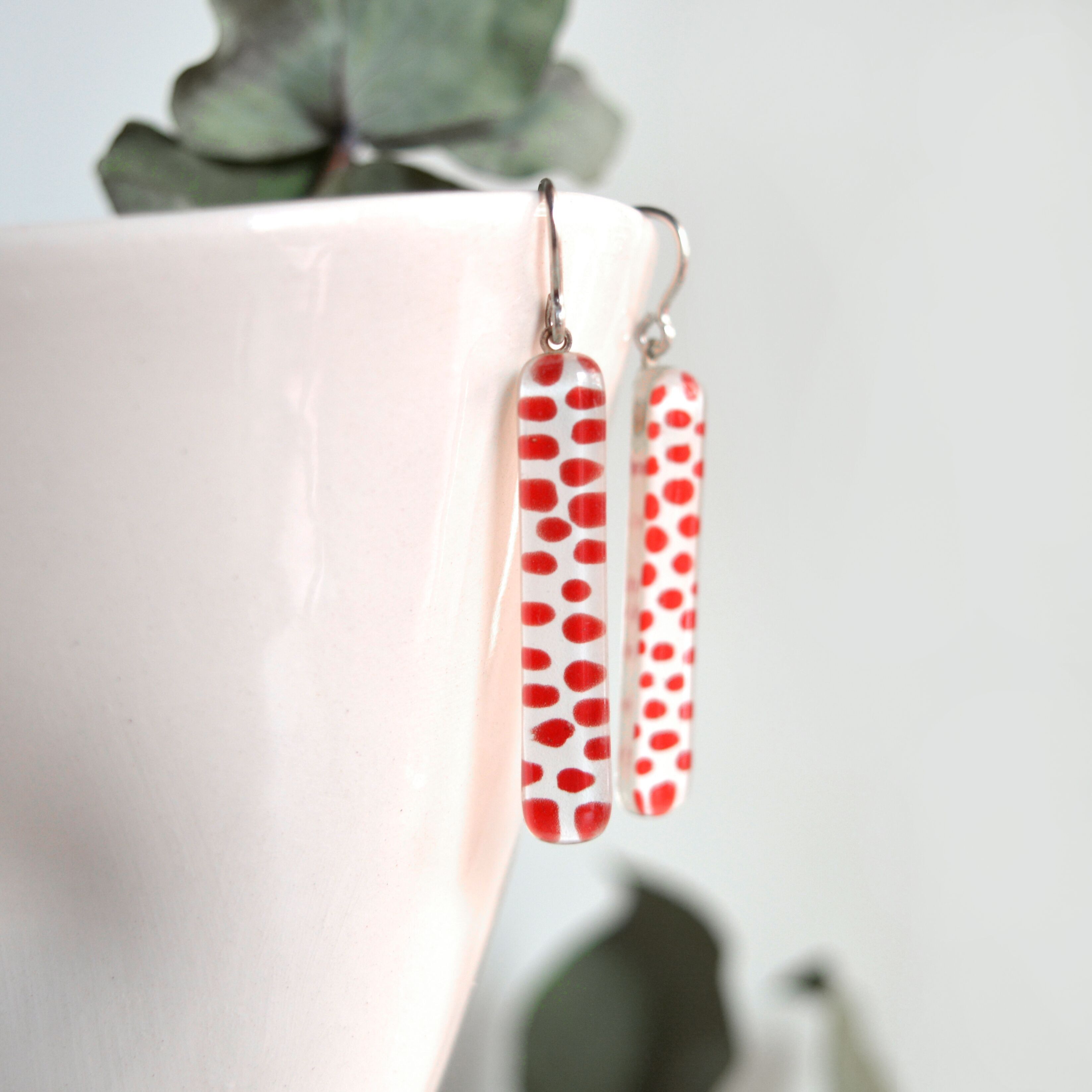 Pendientes Lunares Rojos, Barra de cristal con ganchos de plata 925
