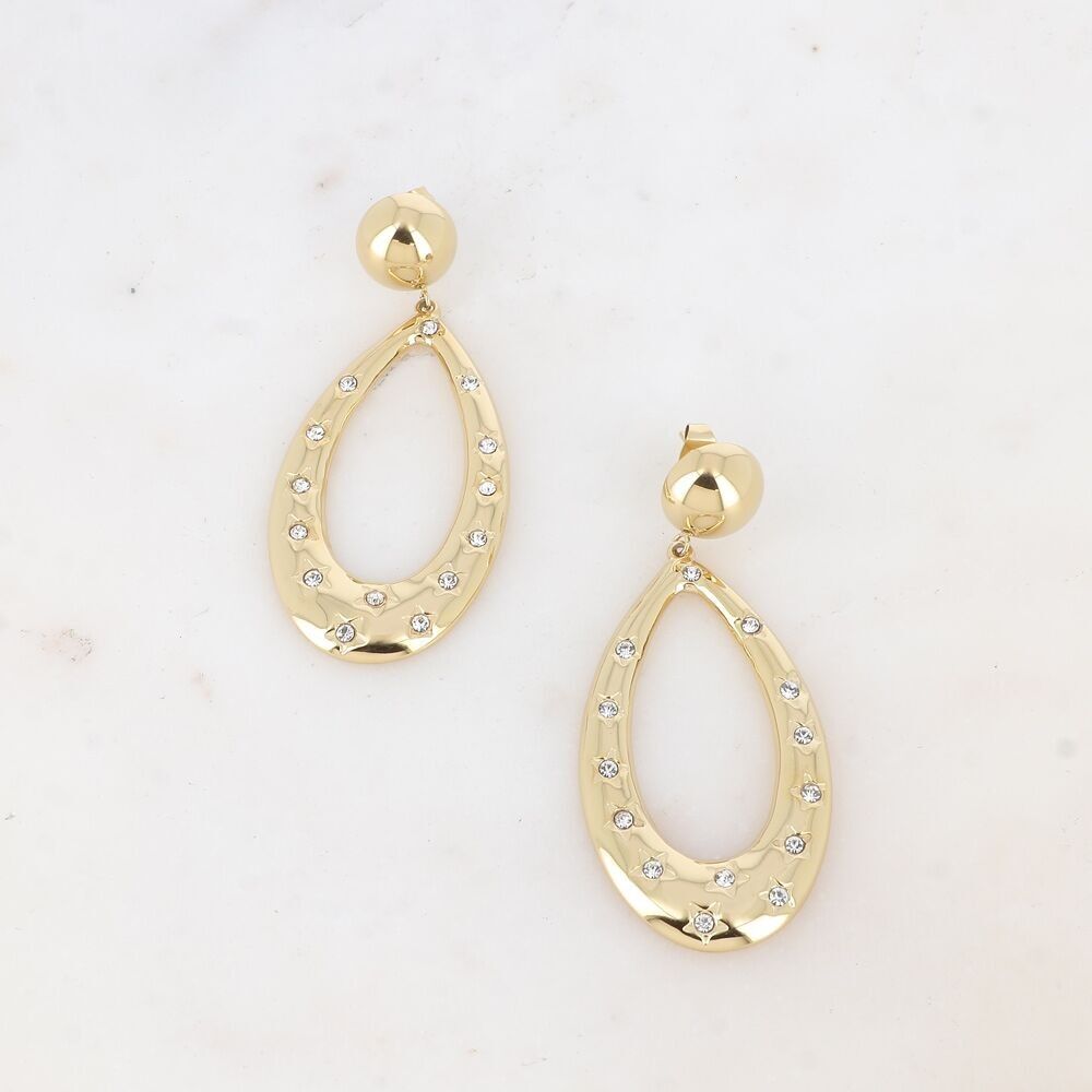 Dangling earrings - openwork drop, engraved stars and zirconium oxides