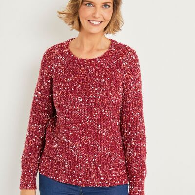 Cálido jersey de cuello redondo con punto fantasía de pedrería