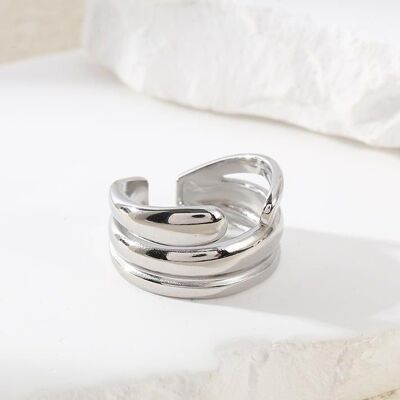 Anillo Ancho De Plata Con Banda Brillante De Triple Capa Con Huecos