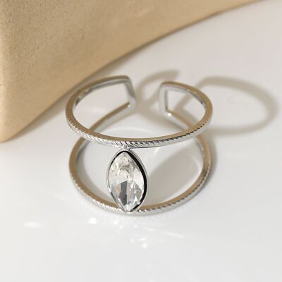 Anello aperto in argento con fili cavi incisi con strass a goccia