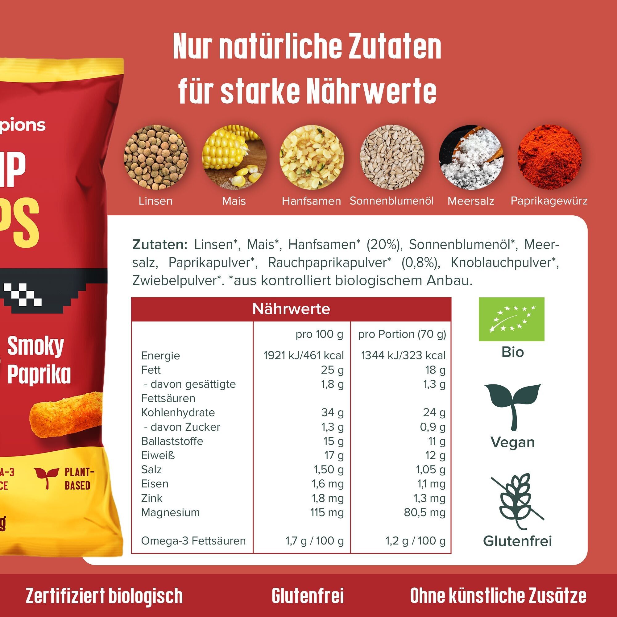 HEMPIONS Organic Hemp Flips Smoky Paprika, 70 g - gluten-free & vegan Hemp Snack - Pack of 12