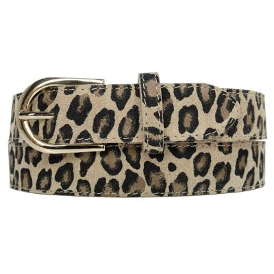 Cinturón de piel de ante para mujer con estampado de leopardo y hebilla dorada