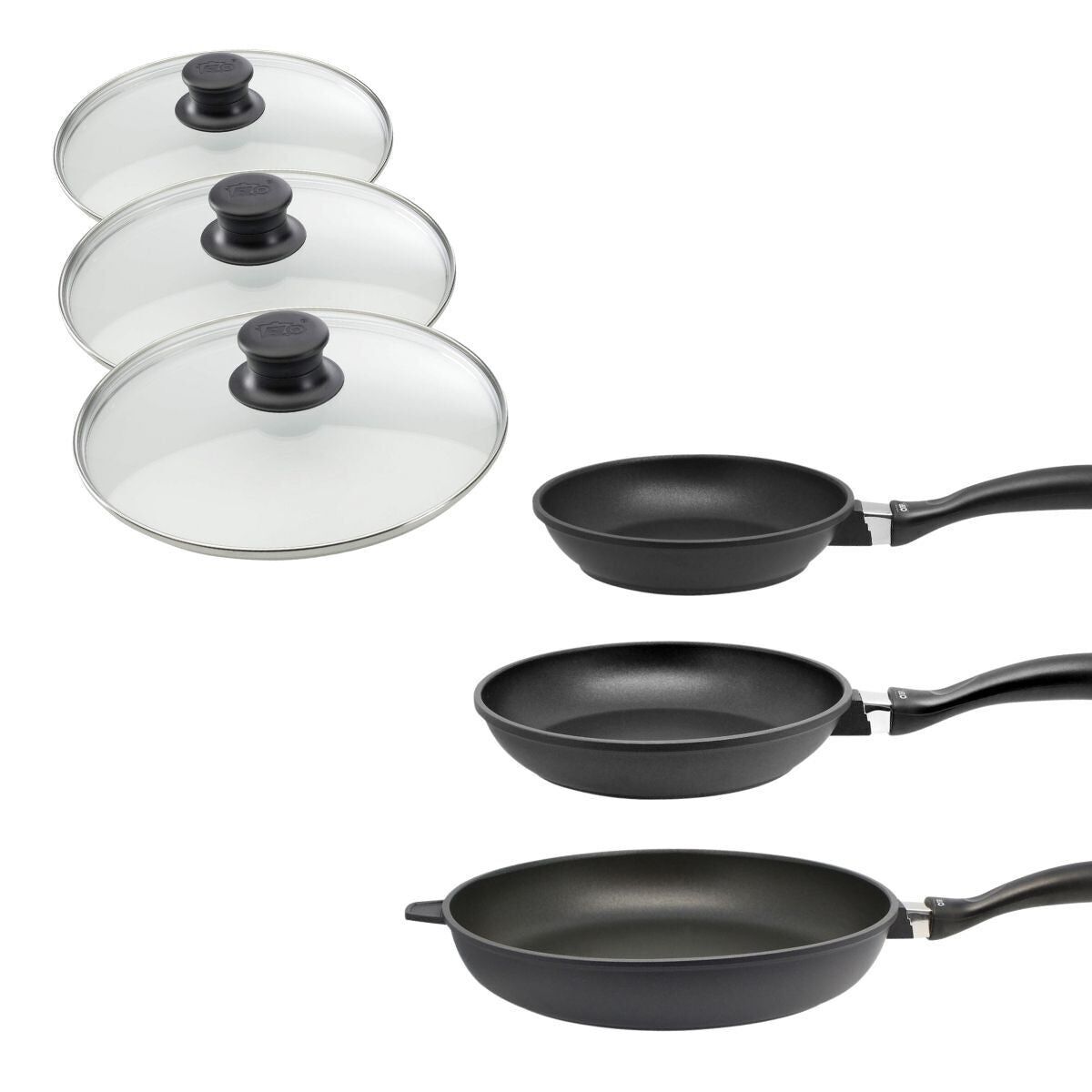 Ensemble de 3 poêles à frire et 3 couvercles en verre de 24 cm 28 cm et 32 cm en fonte d'aluminium Elo Alucast